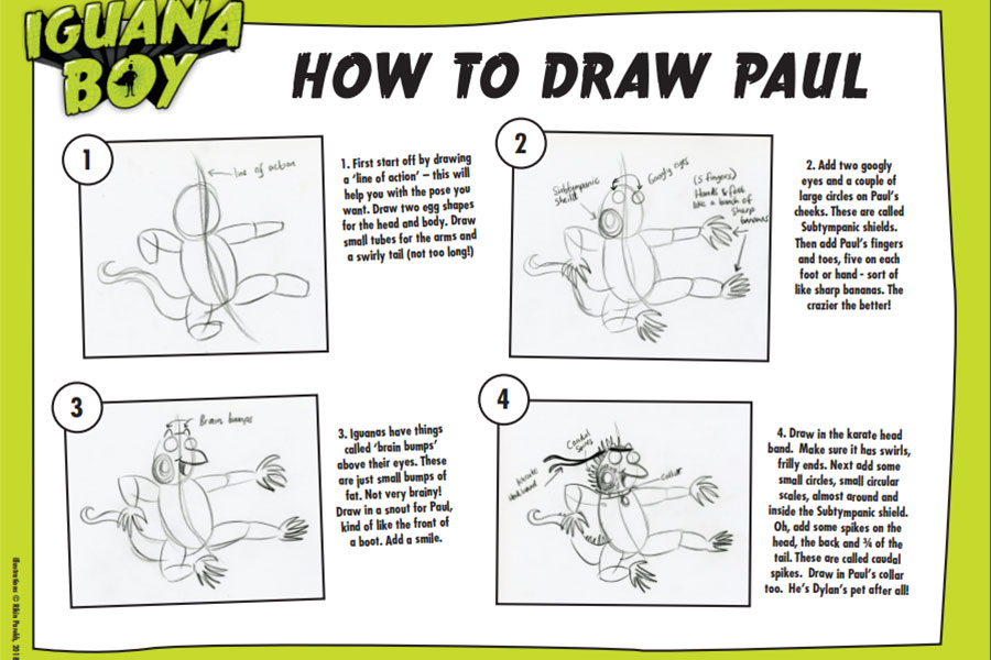 Draw Dylan's pet iguana Paul in easy to follow stages